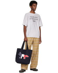 dunkelblaue bedruckte Shopper Tasche aus Segeltuch von MAISON KITSUNÉ