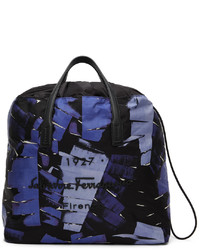 dunkelblaue bedruckte Shopper Tasche aus Segeltuch von Salvatore Ferragamo