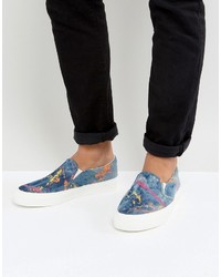 dunkelblaue bedruckte Slip-On Sneakers aus Jeans