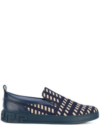 dunkelblaue bedruckte Slip-On Sneakers aus Leder von Versace