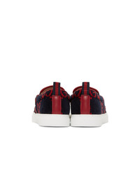 dunkelblaue bedruckte Slip-On Sneakers aus Segeltuch von Gucci
