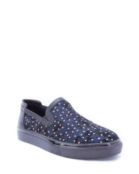 dunkelblaue bedruckte Slip-On Sneakers aus Wildleder