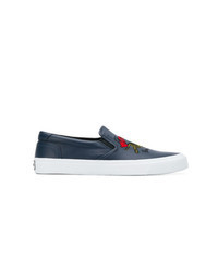 dunkelblaue bestickte Slip-On Sneakers aus Leder