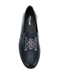 dunkelblaue bestickte Slip-On Sneakers aus Leder von Roberto Cavalli