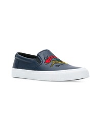 dunkelblaue bestickte Slip-On Sneakers aus Leder von Kenzo