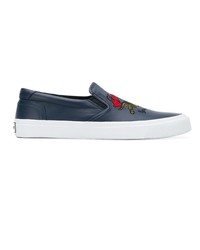 dunkelblaue bestickte Slip-On Sneakers aus Leder von Kenzo