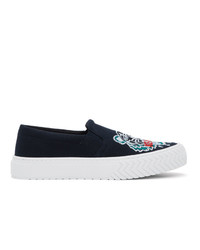 dunkelblaue bestickte Slip-On Sneakers aus Segeltuch