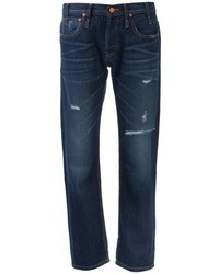 dunkelblaue Boyfriend Jeans mit Destroyed-Effekten