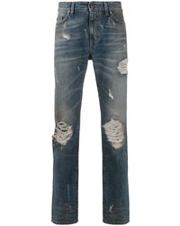 dunkelblaue enge Jeans mit Destroyed-Effekten von B-Used