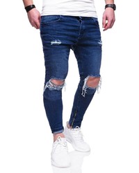 dunkelblaue enge Jeans mit Destroyed-Effekten von behype