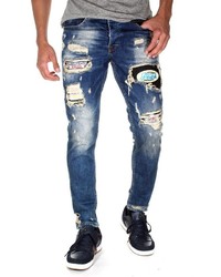 dunkelblaue enge Jeans mit Destroyed-Effekten von Bright Jeans
