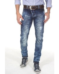 dunkelblaue enge Jeans mit Destroyed-Effekten von EX-PENT