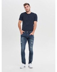 dunkelblaue enge Jeans mit Destroyed-Effekten von ONLY & SONS