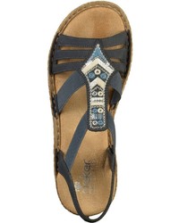 dunkelblaue flache Sandalen aus Leder von Rieker