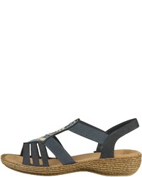 dunkelblaue flache Sandalen aus Leder von Rieker