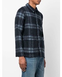 dunkelblaue Fleece-Shirtjacke mit Schottenmuster von Universal Works