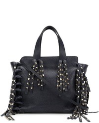 dunkelblaue Shopper Tasche aus Leder mit Fransen von Valentino