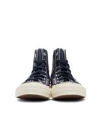 dunkelblaue horizontal gestreifte hohe Sneakers aus Segeltuch von Converse