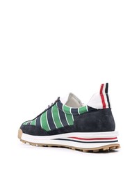 dunkelblaue horizontal gestreifte Leder niedrige Sneakers von Thom Browne