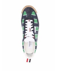 dunkelblaue horizontal gestreifte Leder niedrige Sneakers von Thom Browne