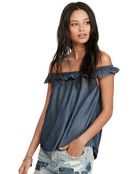 dunkelblaue Jeans Bluse mit Rüschen