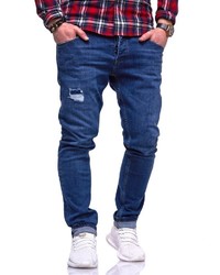 dunkelblaue Jeans mit Destroyed-Effekten von behype