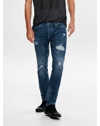 dunkelblaue Jeans mit Destroyed-Effekten von ONLY & SONS