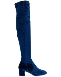 dunkelblaue kniehohe Stiefel aus Samt von Aquazzura