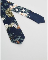 dunkelblaue Krawatte mit Blumenmuster von Reclaimed Vintage