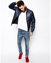 dunkelblaue Leder Bomberjacke von Asos