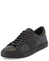 dunkelblaue Leder niedrige Sneakers mit Karomuster