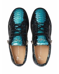 dunkelblaue Leder niedrige Sneakers mit Schlangenmuster von Giuseppe Zanotti