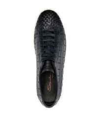 dunkelblaue Leder niedrige Sneakers von Santoni