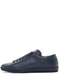 dunkelblaue Leder niedrige Sneakers von Saint Laurent