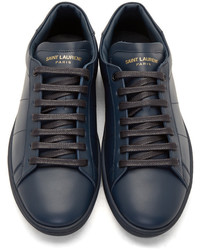 dunkelblaue Leder niedrige Sneakers von Saint Laurent