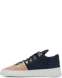 dunkelblaue Leder niedrige Sneakers von Filling Pieces