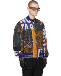 dunkelblaue Nylon Bomberjacke mit Blumenmuster von Dries Van Noten