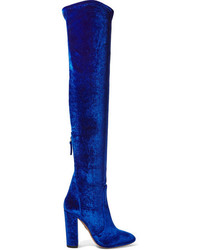 dunkelblaue Overknee Stiefel aus Samt von Aquazzura