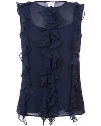 dunkelblaue Seide Bluse mit Rüschen von Oscar de la Renta