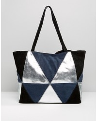 dunkelblaue Shopper Tasche aus Wildleder mit Flicken