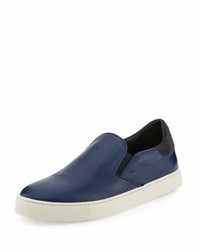 dunkelblaue Slip-On Sneakers aus Leder mit Karomuster