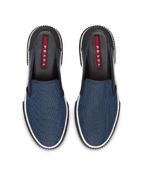 dunkelblaue Slip-On Sneakers aus Segeltuch von Prada