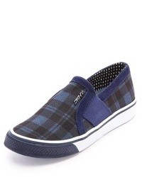 dunkelblaue Slip-On Sneakers mit Schottenmuster