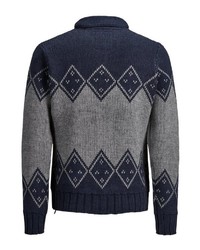 dunkelblaue Strickjacke mit einem Schalkragen mit Norwegermuster von Jack & Jones