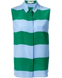dunkelblaue und grüne horizontal gestreifte Bluse mit Knöpfen