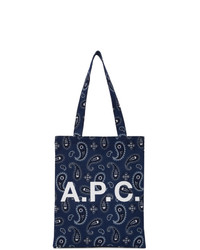 dunkelblaue und weiße bedruckte Shopper Tasche aus Segeltuch von A.P.C.