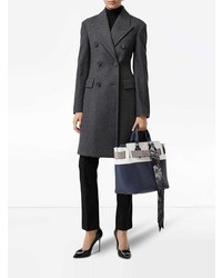 dunkelblaue und weiße horizontal gestreifte Shopper Tasche aus Leder von Burberry