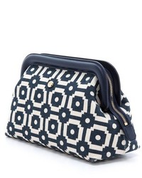 dunkelblaue und weiße Leder Clutch mit geometrischem Muster von Tory Burch