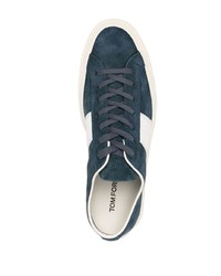 dunkelblaue und weiße Wildleder niedrige Sneakers von Tom Ford