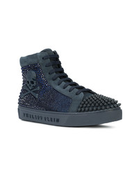 dunkelblaue verzierte hohe Sneakers aus Leder von Philipp Plein